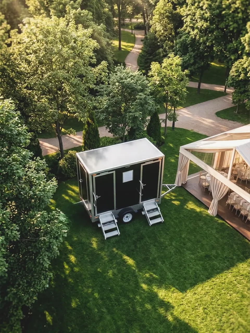 Two-station restroom trailer set up on a lawn beside a wedding tent
