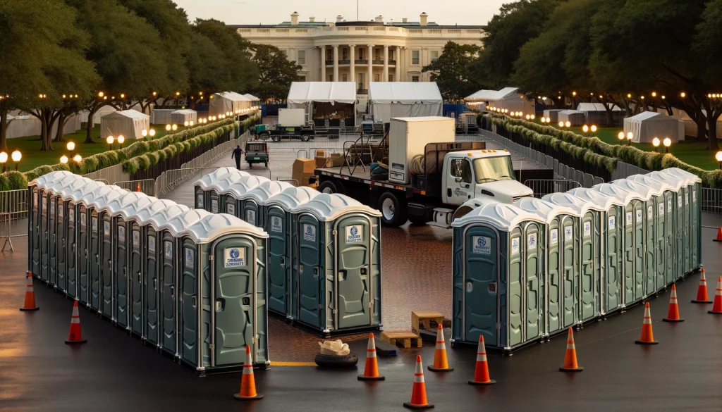 Festival porta potty bank with barricades in Chambersburg, Pennsylvania
